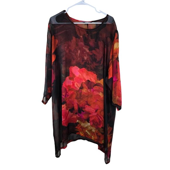 Bryn Walker Silk Chiffon Blouse 1X Red Black Sheer Floral Oversized Art-to-Wear - Picture 1 of 9